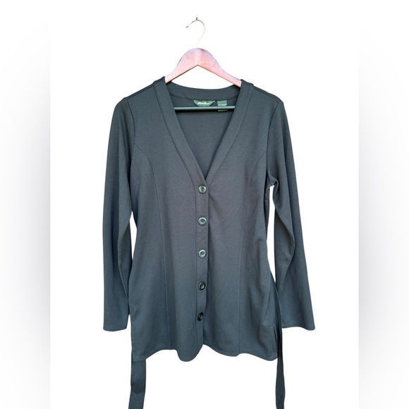 Eddie Bauer Women’s Black Buttoned V Neck Tie Waist Cardigan Size Medium - Picture 3 of 6